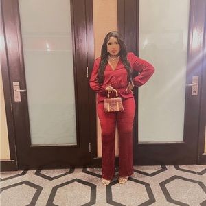 Chloe Embellished Shoulder Pad Jumpsuit - Burgundy